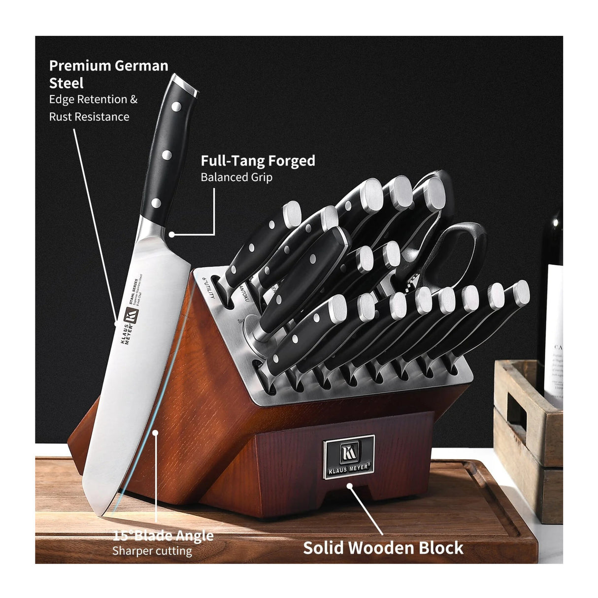 Klaus Meyer Stahl 19 Piece German Steel Kitchen Knife Block Set (Black)