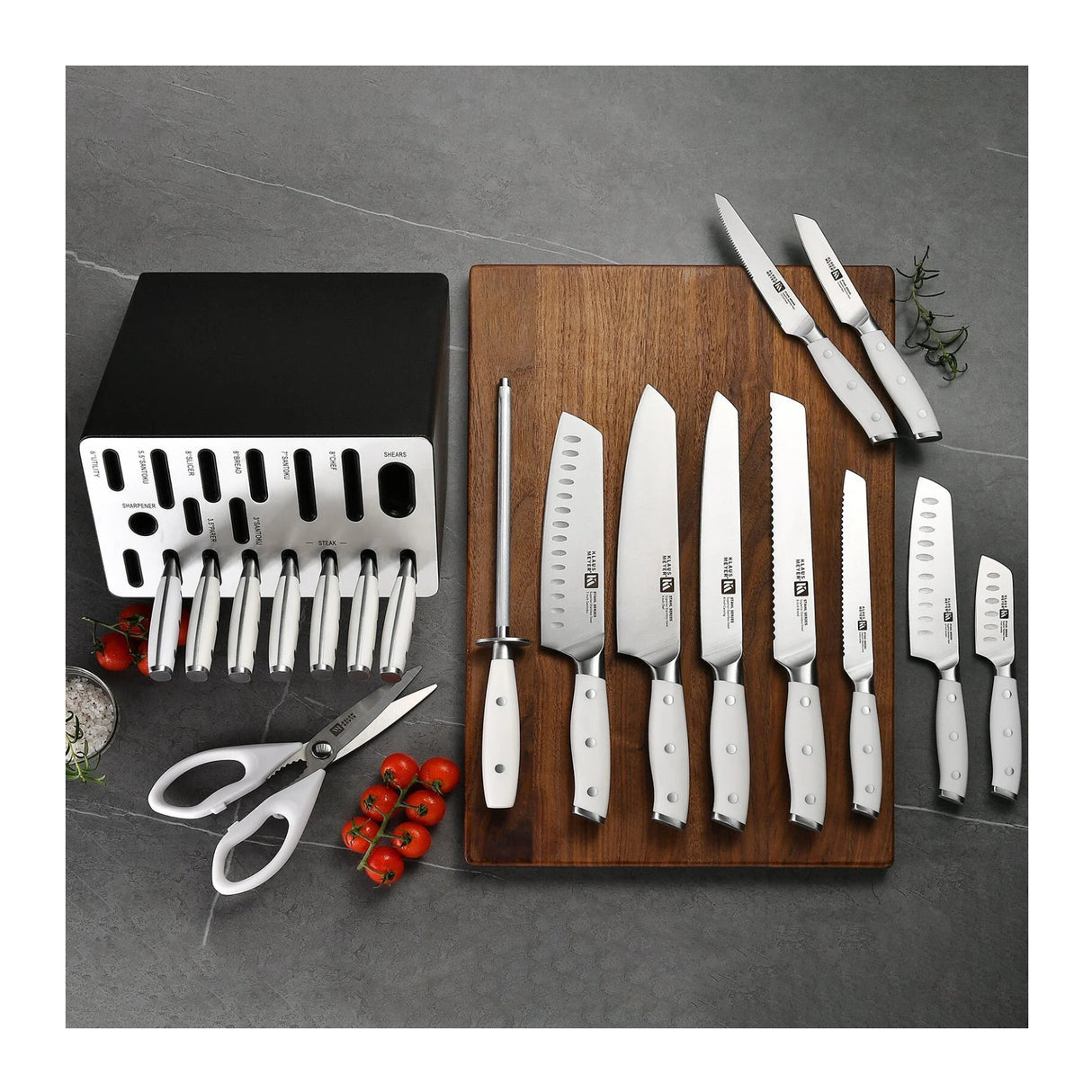 Klaus Meyer Stahl 19 Piece German Steel Kitchen Knife Block Set (White)