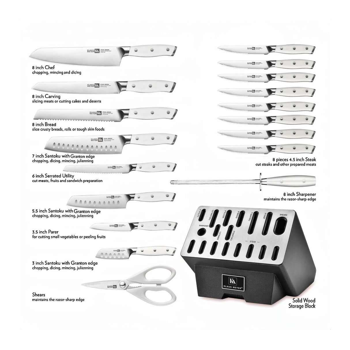 Klaus Meyer Stahl 19 Piece German Steel Kitchen Knife Block Set (White)