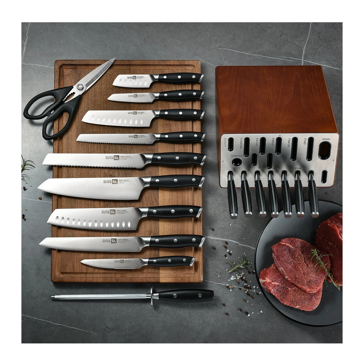Klaus Meyer Stahl 19 Piece German Steel Kitchen Knife Block Set (Black)