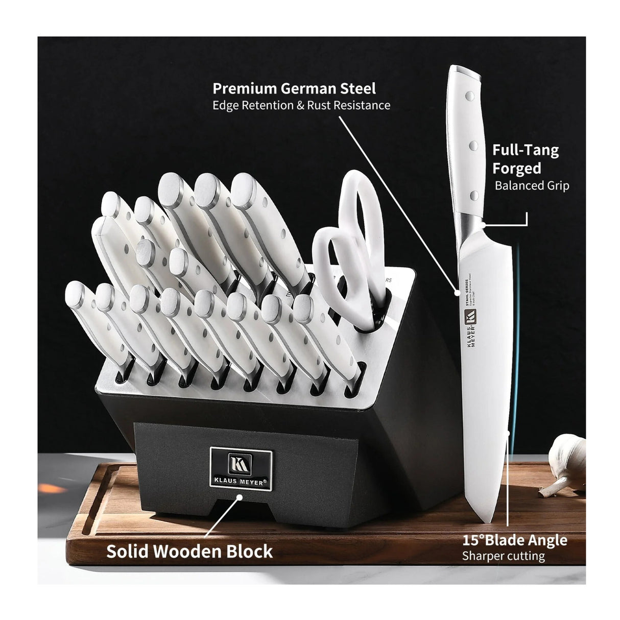 Klaus Meyer Stahl 19 Piece German Steel Kitchen Knife Block Set (White)