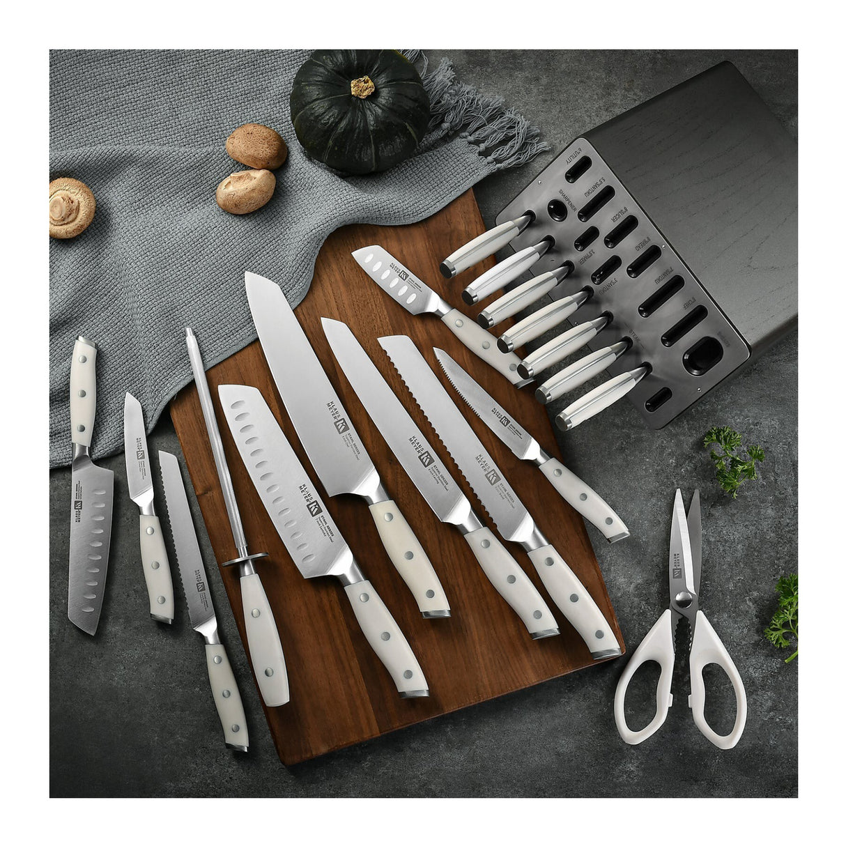 Klaus Meyer Stahl 19 Piece German Steel Kitchen Knife Block Set (White)