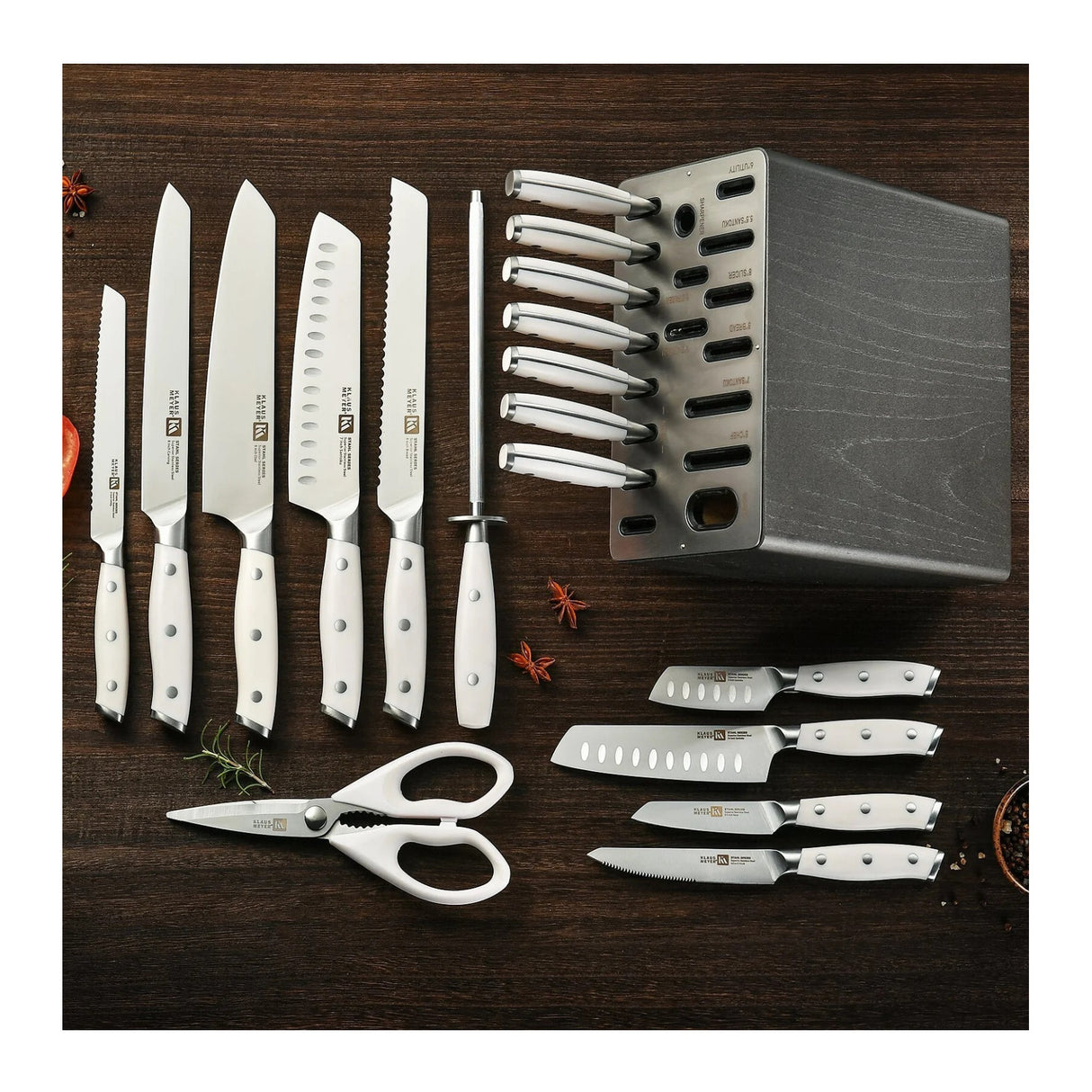 Klaus Meyer Stahl 19 Piece German Steel Kitchen Knife Block Set (White)