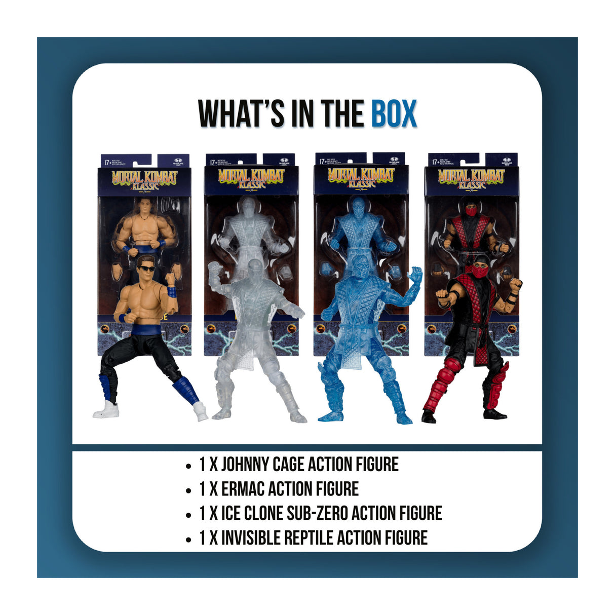 Mortal Kombat Figures Bundle with Johnny Cage, Ermac, Ice Clone Sub-Zero, and Invisible Reptile
