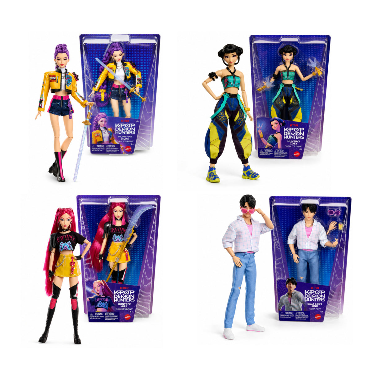 Mattel KPop Demon Hunters HUNTR/X Fashion Dolls (Rumi, Zoey, Mira) and Jinu from Saja Boys