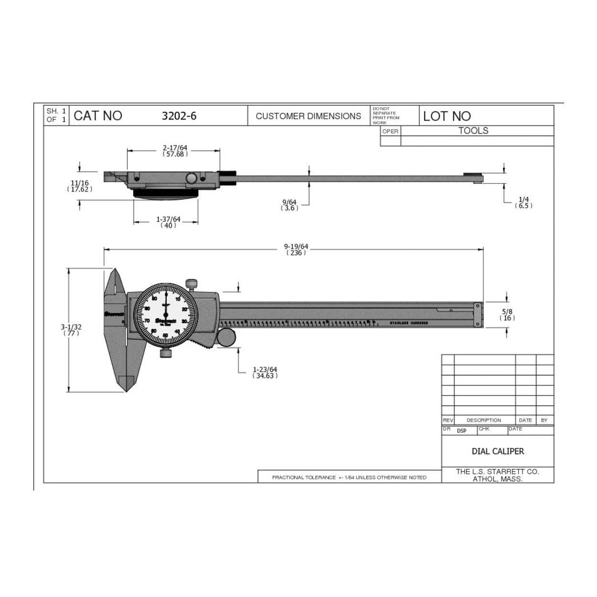 Starrett 3202-6 Dial Caliper with Adjustable Bezel, 0-6 Inch Range, and .001 Inch Grad)