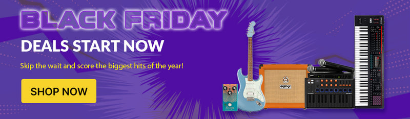 Focus Pro Audio: Promotional banner for Black Friday deals with musical instruments on a purple background