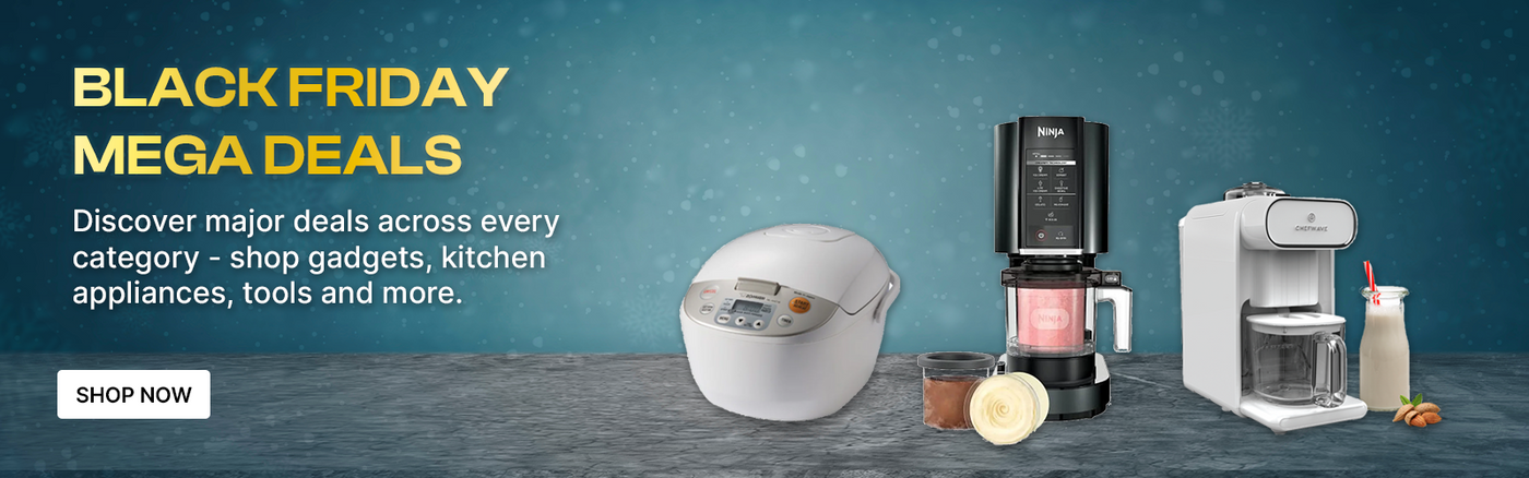 Black Friday mega deals advertisement with kitchen appliances on a blue gradient background