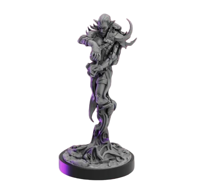 Statue with purple accents on a white background