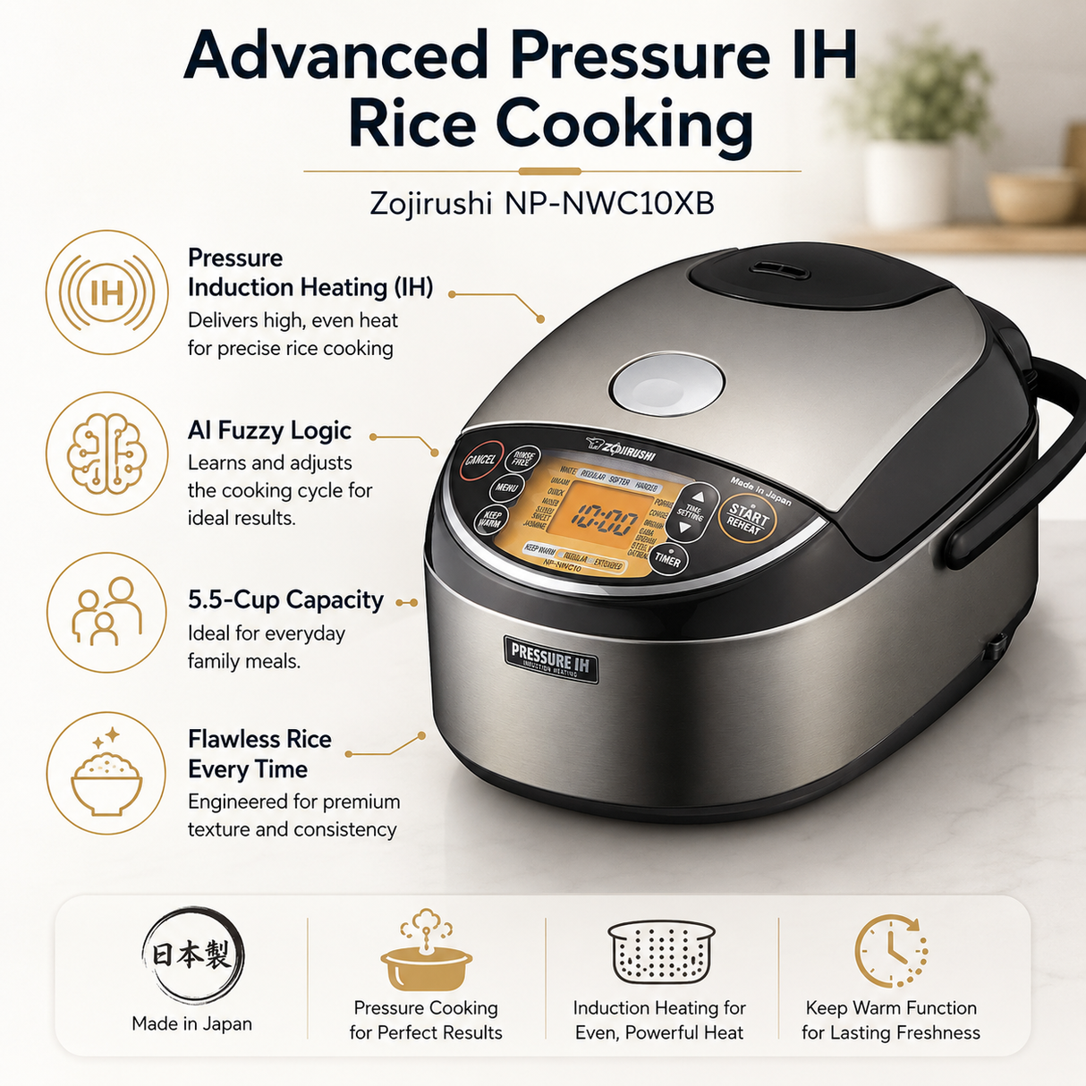 Zojirushi NP-NWC10XB Pressure Induction Heating Rice Cooker w/ Accessory Bundle