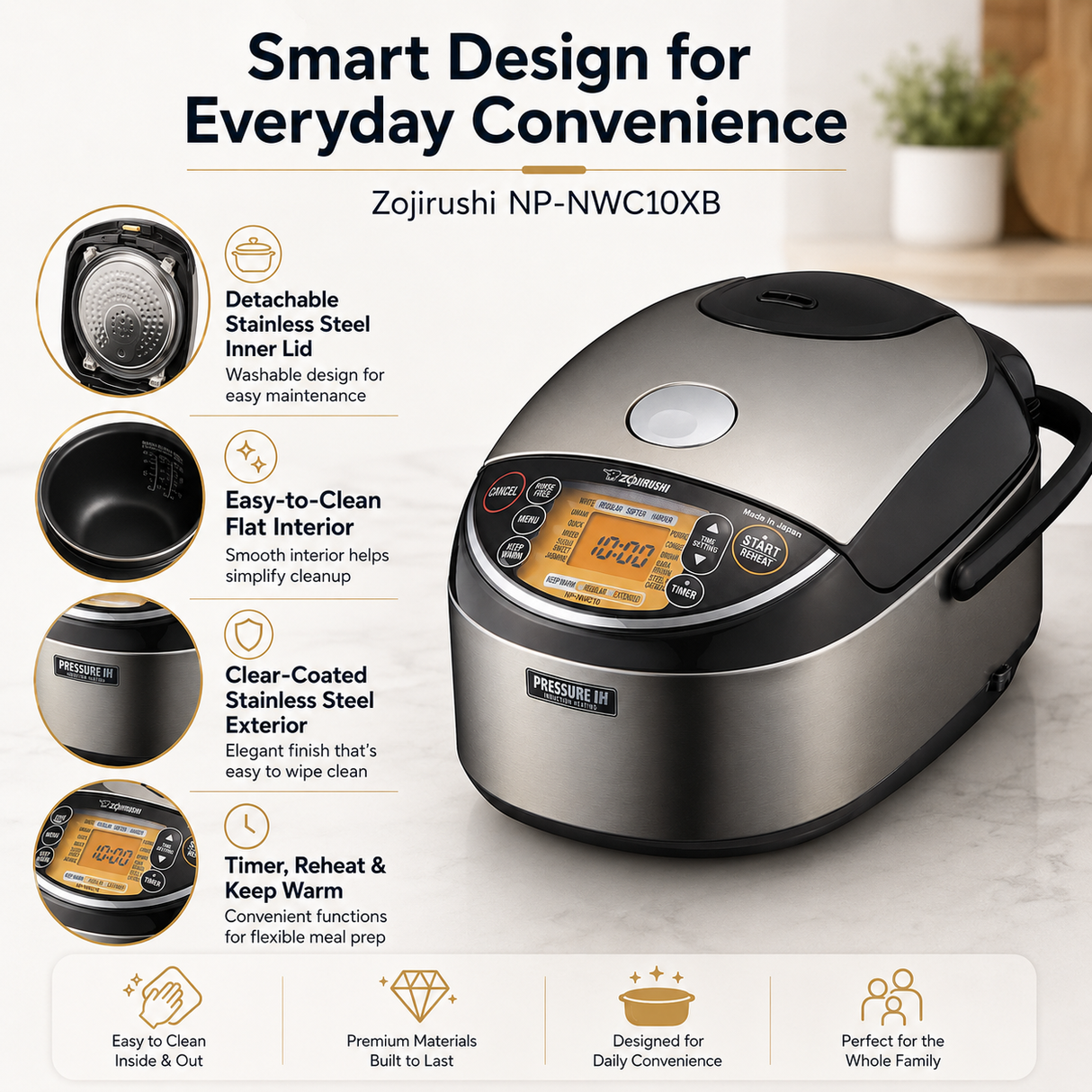 Zojirushi NP-NWC10XB Pressure Induction Heating Rice Cooker w/ Accessory Bundle